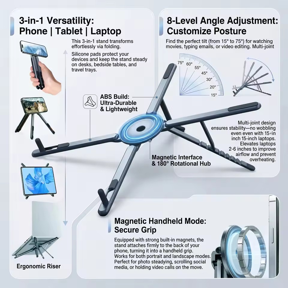 Laptop Stand Portable - Taşınabilir Manyetik Telefon Tutucu ve Selfie